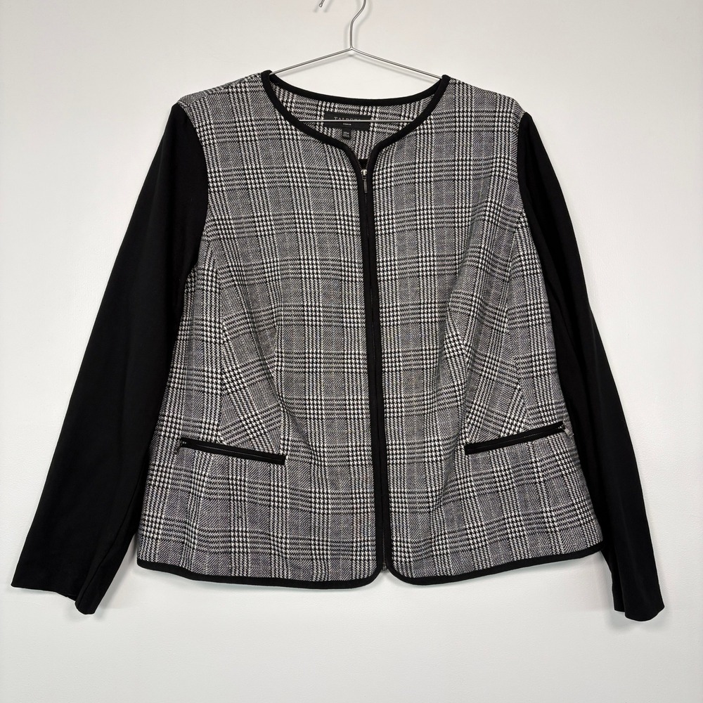 Talbots Women Jacket 20W Black White Glen Plaid‎ Zip Front Mixed Media Blazer